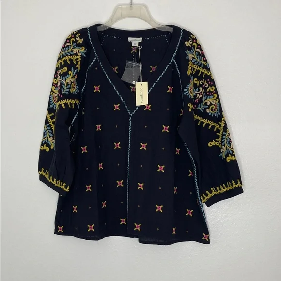 Sundance Cotton Embroidered Blouse Puff Sleeve V Neck Black Size Large BNWT - Picture 2 of 7